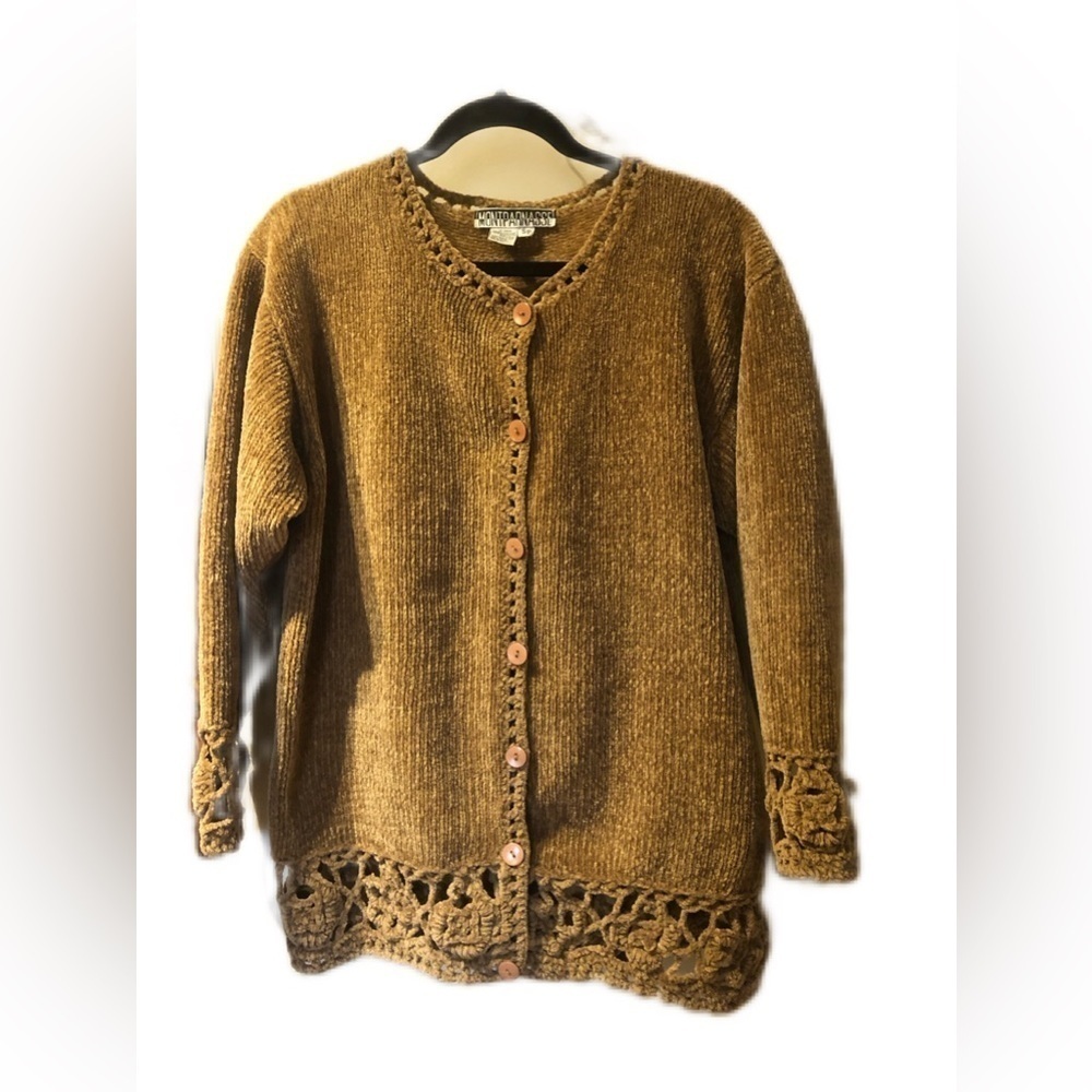Oversized brown knit and crochet cardigan